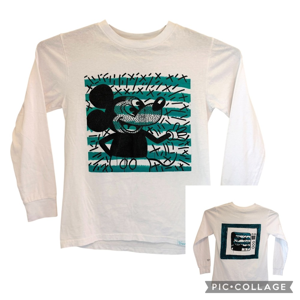 Keith Haring Mickey Mouse Shirt Diamond Supply Co LS White Tee Small Disney Slim